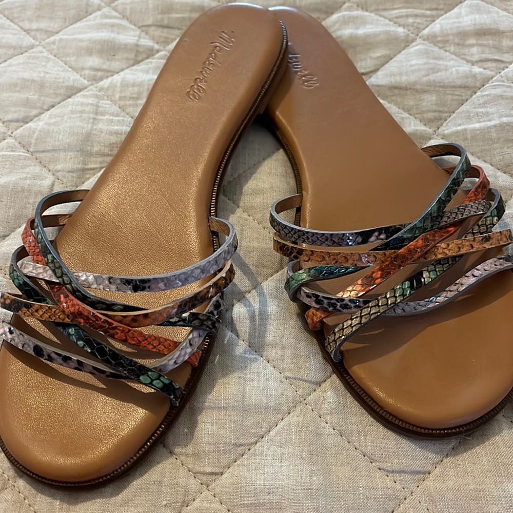 Madewell faux multi colored snakeskin leather flat sandals